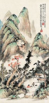 贺天健 钱瘦铁 马骀 1930年作 幽居深山图 立轴