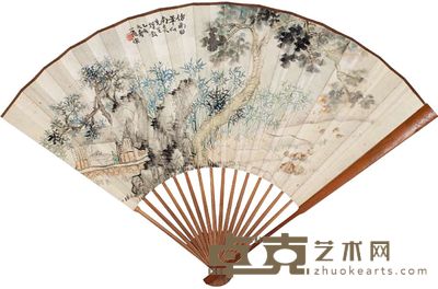 陆抑非 陆树棻 1935年作 桐荫读书图 行书 成扇 