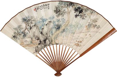 陆抑非 陆树棻 1935年作 桐荫读书图 行书 成扇