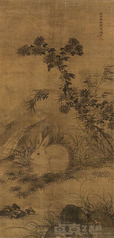 陶成 1493年作 菊圃卧兔 镜片 73.5×35cm