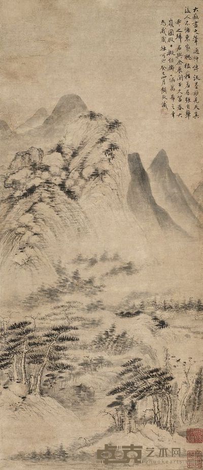 顾殷 1653年作 千峦云峰 立轴 86.5×37.5cm
