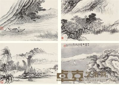 黄易 1800年作 寒江雪渡册 册页本 （七开选四） 14×20cm×7