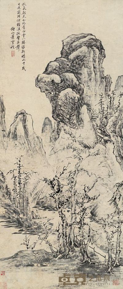 萧云从 秋山行舟 立轴 102.5×43.5cm