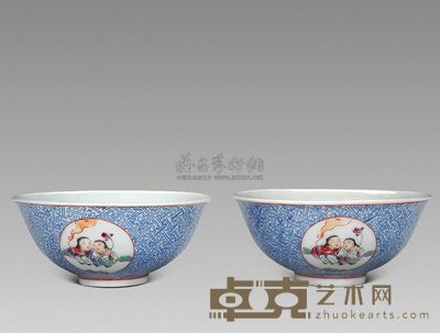 民国 蓝料开光婴戏图碗 (一对) 直径11.5cm