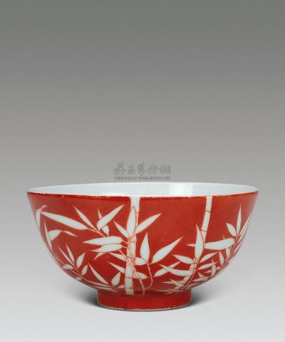 清光绪 矾红竹叶纹碗