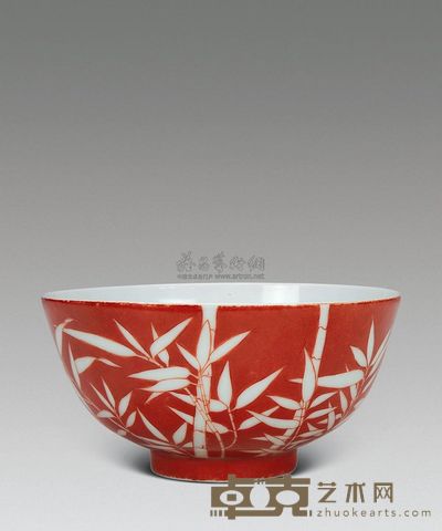 清光绪 矾红竹叶纹碗 直径12.5cm