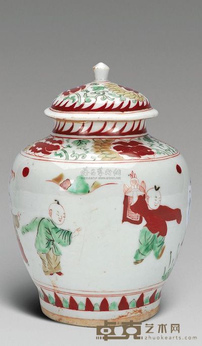 明末清初 五彩婴戏图盖罐 高17cm