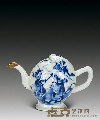 清 青花人物桃形壶 高12.5cm
