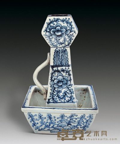 清中期 青花淡描带盘四方油灯 高26cm
