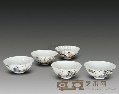 民国 粉彩高士图题诗文碗 (五件) 直径17cm