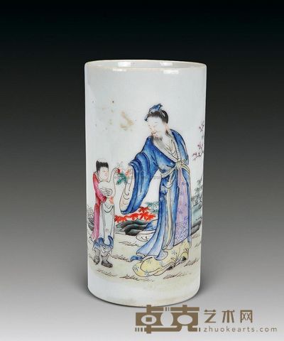 清 粉彩羲之爱鹅笔筒 高12cm
