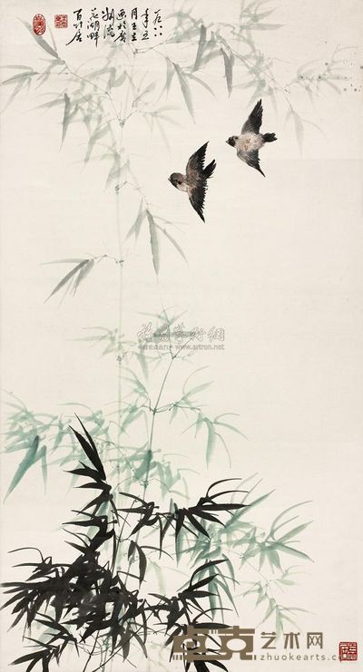 王立 竹雀图 立轴 112×60cm