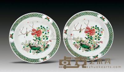 清 五彩花鸟纹折沿盆 (一对) 直径21cm