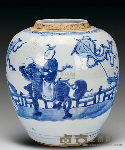 清康熙 青花婴戏图罐 高18cm