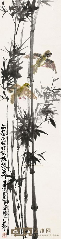 陈卓坤 竹雀 立轴 137×33cm