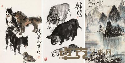 耀松 刘兴泉 山水 动物 镜片 （三开） 48×70cm×3