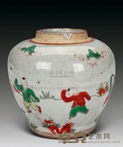清初 五彩婴戏图小罐 高12cm