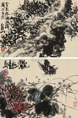 吴静山 花卉山水 （二帧） 镜片