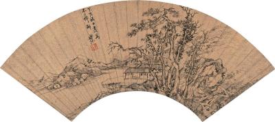 钱旭 1587年作 松林幽居 扇片