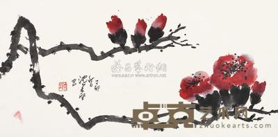 沈柔坚 1987年作 迎春图 镜片 32×63.5cm