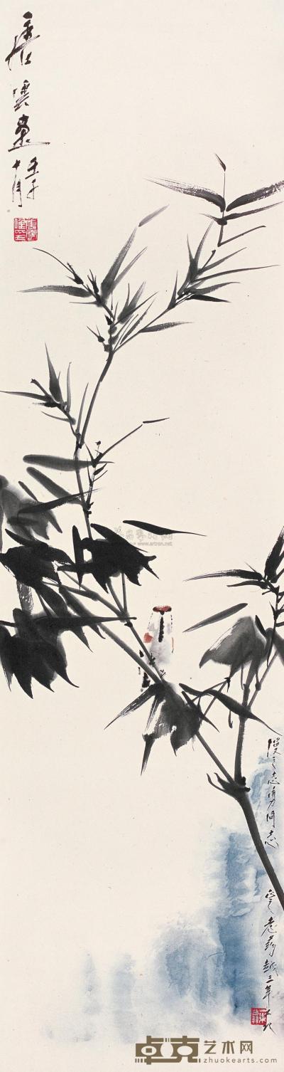 唐云 1972年作 竹雀 镜片 97×26cm
