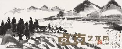 唐云 1974年作 春江行旅 镜片连框 21.5×53.5cm