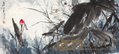 唐云 1973年作 红荷蜻蜓 镜片 69×149cm