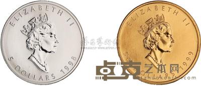 1999年加拿大枫叶一盎司金币、1998年一盎司枫叶银币各一枚