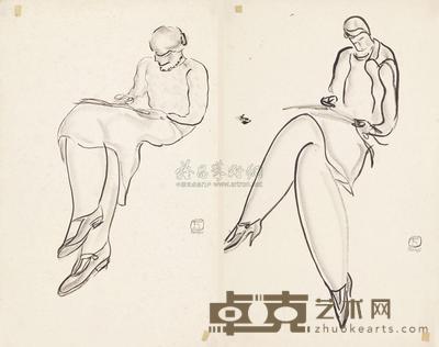 常玉 1920年代末作 画速写的女子 (共两幅) 44.5×27.4cm×2