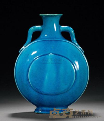 清中期 孔雀蓝釉如意耳扁瓶 高23.6cm