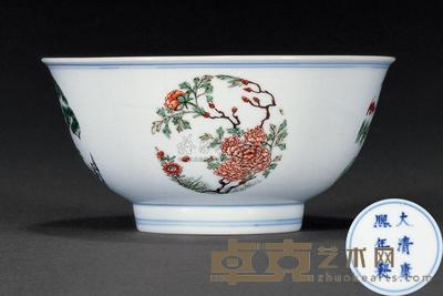 清康熙 五彩开光福寿花卉纹碗 直径13.2cm