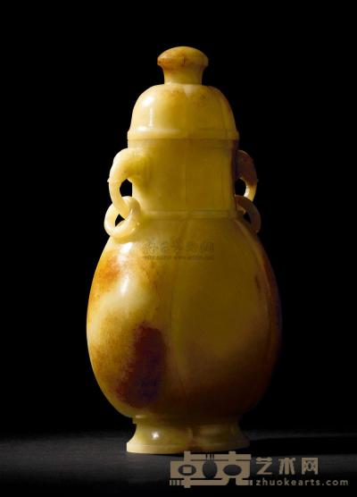 清 黄玉雕象耳海棠式盖瓶 高28cm