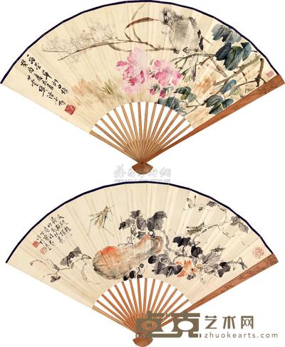 樊浩霖 丁宝书 荣华白头 瓜瓞绵绵 成扇 18.2×51cm