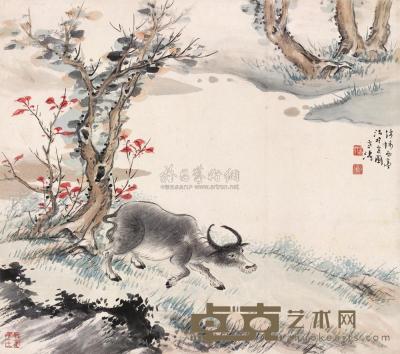 王雪涛 溪岸牛犊 立轴 31.8×36cm