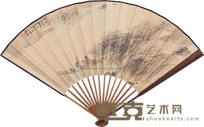 傅抱石 1948年作 秋江载酒图 成扇 49×17.5cm