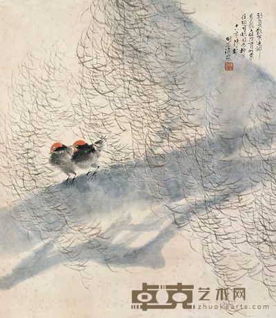 陈树人 1929年作 柳树小鸟 镜片 65×56.5cm