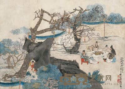 任伯年 1866年作 春夜宴桃李园 镜片 32×23cm