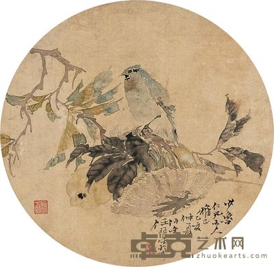 任伯年 1875年作 花鸟 镜片 直径25.5cm