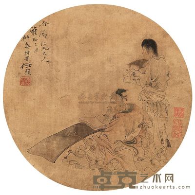 任伯年 1877年作 读易图 镜片 直径25cm