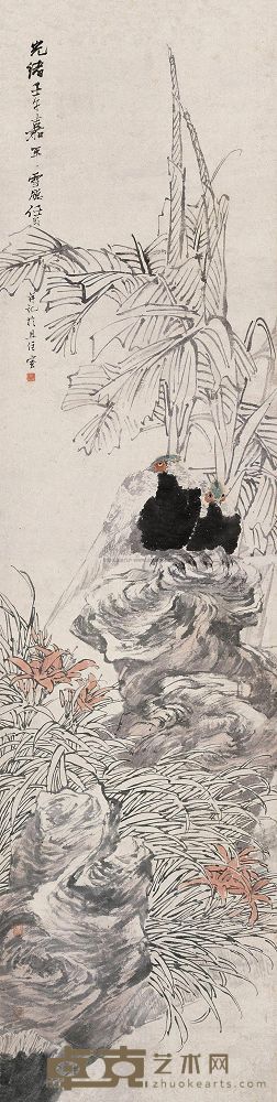 任伯年 1882年作 芭蕉双栖 立轴 235×68cm