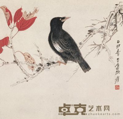 张大千 1944年作 红叶鸣禽 镜片 29.5×29.5cm