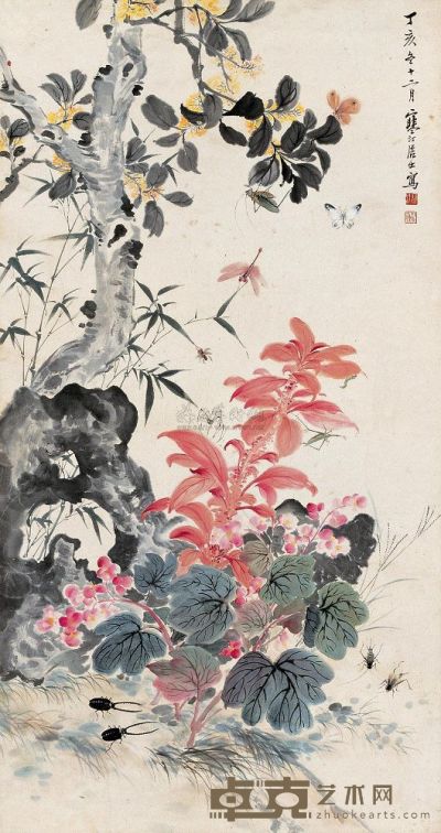 江寒汀 1947年作 秋花草虫图 立轴 101×53cm
