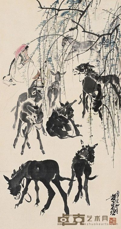 黄胄 1961年作 柳荫牧驴 立轴 81×43cm