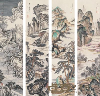 吴熙曾 1932年作 山水四季屏 镜片 130×31cm×4