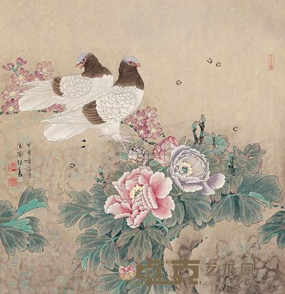 喻继高 2004年作 牡丹双鸽 镜片 67.5×65.5cm