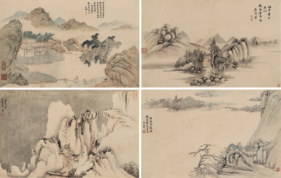 文柟 金俊明 吴伟业 钦式 丙午（1666年）作 山水 四屏