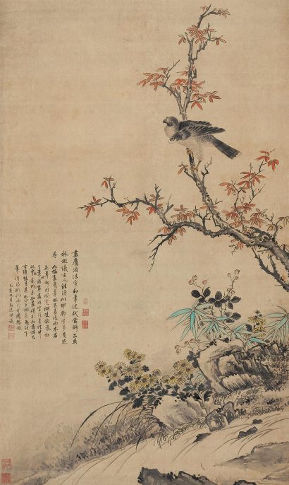 马逸 己亥（1719年）作 秋树苍鹰 立轴