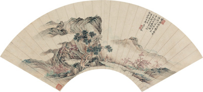 上睿 丁酉（1717年）作 春溪赏梅 扇面