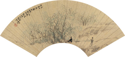 任颐 癸酉（1873年）作 柳荫清话 扇面