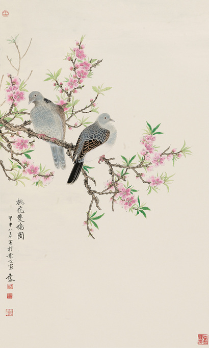 吴泰 甲申（2004年）作 桃花双鸠图 立轴